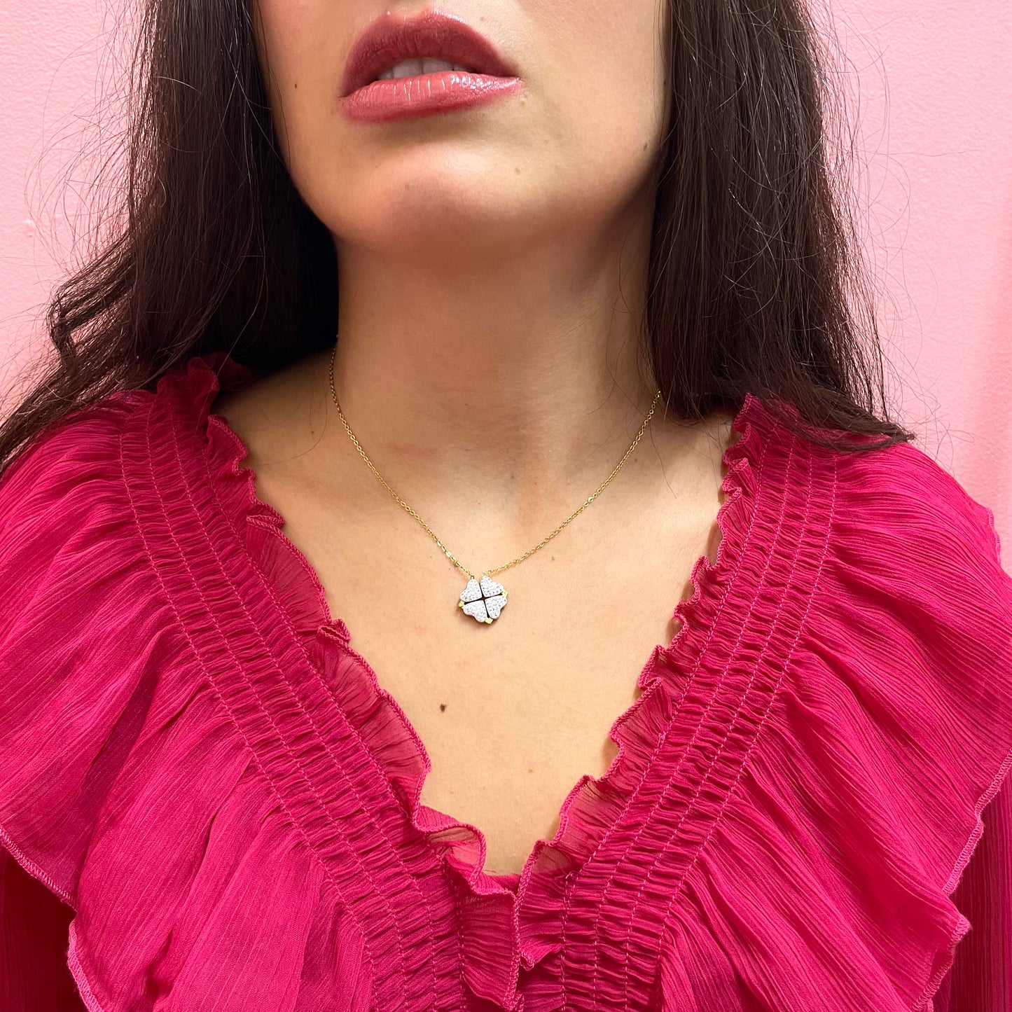 Makupenda - Collana Donna quadrifoglio che si apre a cuori strass
