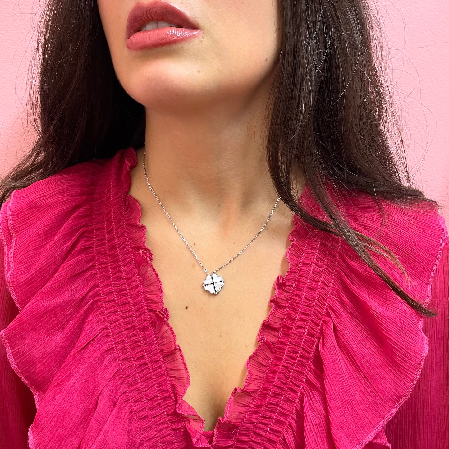 Makupenda - Collana Donna quadrifoglio che si apre a cuori madreperla